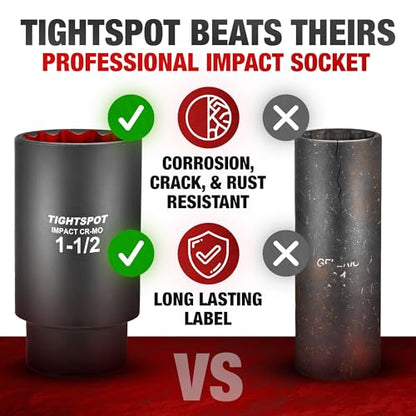 TIGHTSPOT 1/2" Dr 1 1/2 Inch Deep Socket, Anti-Round 12-Pt, CRMO Steel - size: 1/2” Drive 1 1/2” Deep Impact Socket - 12pt, style: 1/2" Drive Deep Socket