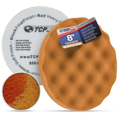 TCP Global 8" Orange Waffle Foam Buffing Pad Hook and Loop Backing - Coarse Buffing Pad for Polishing, Automotive, Marine, Truck, RV & Compound Cutting, Car Polishing Pads - color: Orange