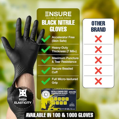 EnSure Black Nitrile Gloves – 7 Mil Heavy-Duty Disposable Gloves, Low Dermatitis, Powder & Latex Free, Puncture & Chemical Resistant for Mechanic, Industrial, Food Service, Medical Use (1000, X-Large) - size: X-Large