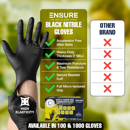 EnSure Black Nitrile Gloves – 7 Mil Heavy-Duty Disposable Gloves, Low Dermatitis, Powder & Latex Free, Puncture & Chemical Resistant for Mechanic, Industrial, Food Service, Medical Usee (1000, Medium) - size: Medium