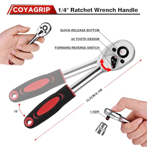 46PCS Socket Ratchet Wrench Set, 1/4 Inch Drive Small Tool Set with Screwdriver Bit Sockets Extension Bar and Storage Case, Metric Socket Set for Car Repair and Home Use - color: Red