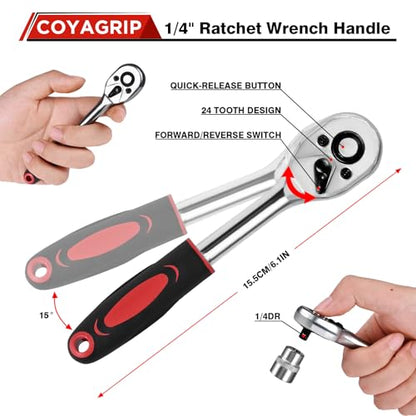 46PCS Socket Ratchet Wrench Set, 1/4 Inch Drive Small Tool Set with Screwdriver Bit Sockets Extension Bar and Storage Case, Metric Socket Set for Car Repair and Home Use - color: Red