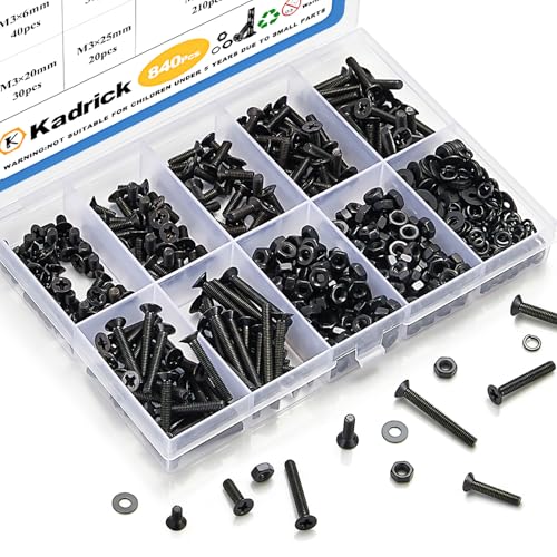 KADRICK 840Pcs M3 Countersunk Screws,M3 Flat Head Screws,Phillips Bolts Nuts Washers Assortment Kit,Zinc Plated,Lenth of 6MM-25MM - size: M3 840Pcs 6-25mm