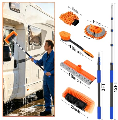 AgiiMan Car Wash Brush with Long Handle, 3-12FT Telescoping Car Cleaning Kit, Soft Bristle RV Wash Brush and Car Wash Mop for Car Truck SUV RV Boat Solar Panel House Siding Exterior Washing