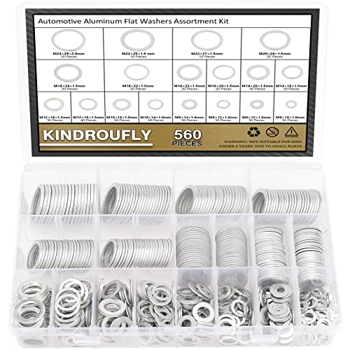 560 Pieces Automotive Drain Plug Gaskets, Oil Crush Washers, Kindroufly 18 Sizes Aluminum Flat Washers Assortment Set (M6 to M24)