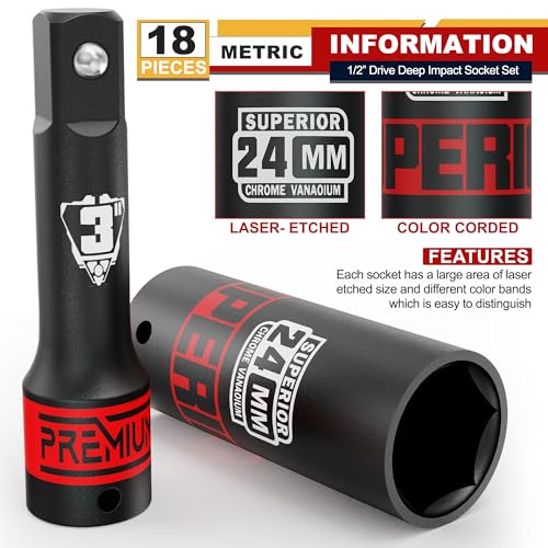 18 Piece 1/2" Drive Impact Socket Set, 10 mm - 24 mm Deep Socket, with Extension Bars:3-inch, 5-inch, 10-inch, Metric, 6-Point, CR-V Steel, Automotive Maintenance, Machinery Manufacturing - size: 1/2" Large Metric