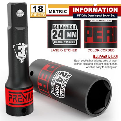18 Piece 1/2" Drive Impact Socket Set, 10 mm - 24 mm Deep Socket, with Extension Bars:3-inch, 5-inch, 10-inch, Metric, 6-Point, CR-V Steel, Automotive Maintenance, Machinery Manufacturing - size: 1/2" Large Metric