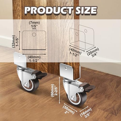 Nefish 2 Inch Caster Wheels with 3/4” (20 mm) U Bracket, Small Rubber Casters Set of 4 with Brake, 360 Degree Ball Bearing Plate Swivel Castors Wheels, Crib Caster Wheels for Dresser, Cabinet, Desk - style: 2 IN U-Shaped (4 Pack)