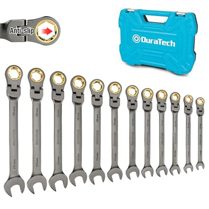 DURATECH Anti-Slip Flex-Head Ratcheting Wrench Set, 12-Piece, Metric | 72-Tooth, 8-19 mm, CR-V Steel, Storage Case Included