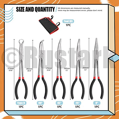 5Pcs 11 inch Long Needle Nose Pliers Set Automotive Heavy Duty Long Reach Hose Pliers - Straight, 25, 45, 90 Degree Angle, Circle for Easy Removing and Installing Spring Clips Lines Hoses
