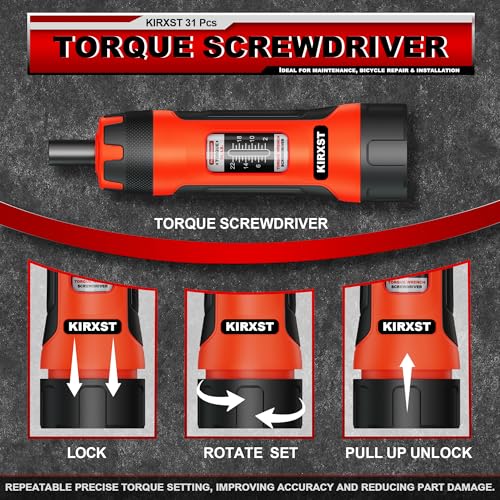 31 PCS 1/4" Drive Torque Screwdriver, 2-22 Inch Pounds Torque Screwdriver Set with S2 Bits and Socket Adapter for Maintenance, Screwdriver Set for Tools, Bike Repairing and Mounting - size: 2-22 in.-lb. S