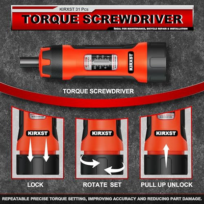 31 PCS 1/4" Drive Torque Screwdriver, 2-22 Inch Pounds Torque Screwdriver Set with S2 Bits and Socket Adapter for Maintenance, Screwdriver Set for Tools, Bike Repairing and Mounting - size: 2-22inch.S