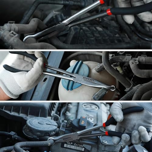 11" Extended Needle Nose Pliers Set, 6-Piece Hose Grip Pliers with Bent & Straight Jaws, Carbon Steel for Tight Spaces