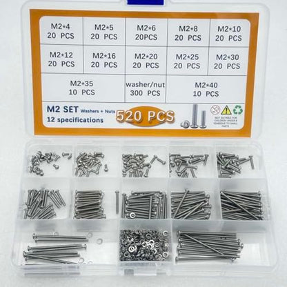 Button Head/Hex Socket/Phillips Flat Head Screws Assortment - Furniture, Auto, Home Repair Fastener Kit (520 PCS M2 Semi-Circular Hexagon Screws Set) - color: 520 PCS M2 Semi-Circular Hexagon Screws Set