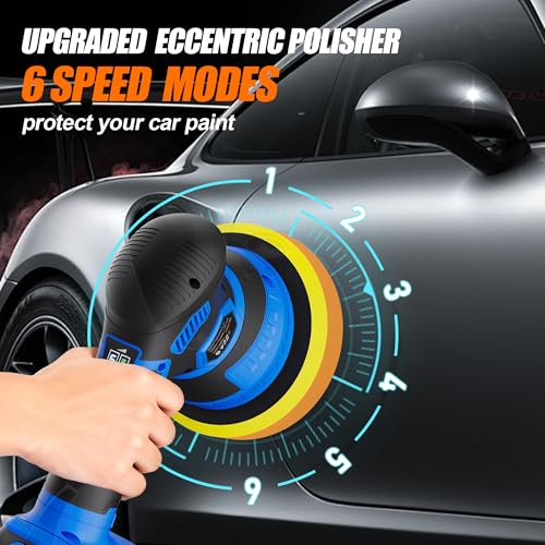 Cordless Car Buffer Polisher, 2x2Ah 21V Batteries 6'' Car buffer Waxer Kit, 6 Variable Speed 5500RPM Orbital Polisher, 5 Kinds Pads Polisher for Car Detailing, Boat Sanding, Scratch Removing