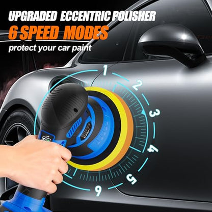 Cordless Car Buffer Polisher, 2x2Ah 21V Batteries 6'' Car buffer Waxer Kit, 6 Variable Speed 5500RPM Orbital Polisher, 5 Kinds Pads Polisher for Car Detailing, Boat Sanding, Scratch Removing