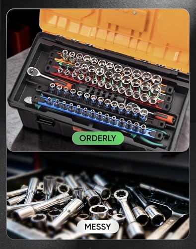 ALOANES Magnetic Socket Organizer Set, 3-Piece Heavy Duty Aluminum Socket Rails, 360° Swivel Clips Socket Rail Kit for Tool Tray Drawer Fit 1/2, 3/8, 1/4-Inch x 40 Clips (Black, 3PC)