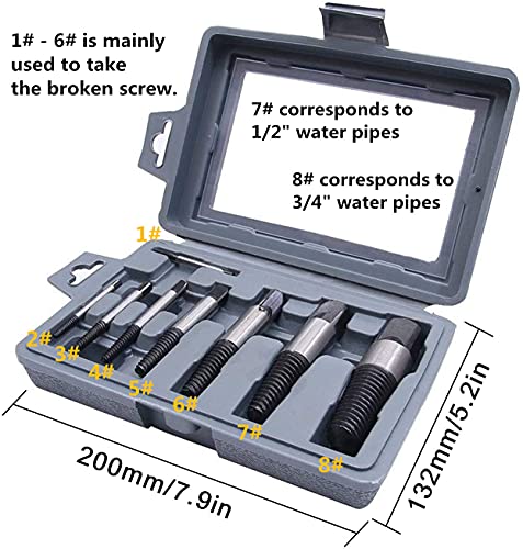 8Pcs Broken Bolt & Screw Extractor Set 1/8"-3/4" for Plumbing & Auto Repair, Fits stripped rusted fasteners | Left Hand Spiral Remover Kit, with storage case, removes broken water pipes & damaged bolts for DIYers & mechanics - size: A 1/8”- 3/4”