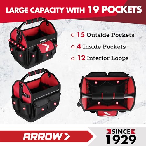 ARROW 12" Tool Tote with Waterproof Hard Base, Electrician Tool Bag | 19 Pockets, 840D Oxford Fabric, Open Top Tool Bag for Plumber Mechanic HVAC Automotive