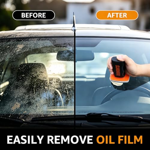Handheld Glass Emulsion Cleaner Brush for Car Windshield, Oil Film Remover with 100 mL Solution, Removes Oily Haze, Road Grime & Water Spots for a Clearer Windshield View in Night & Rain, 1 Pack