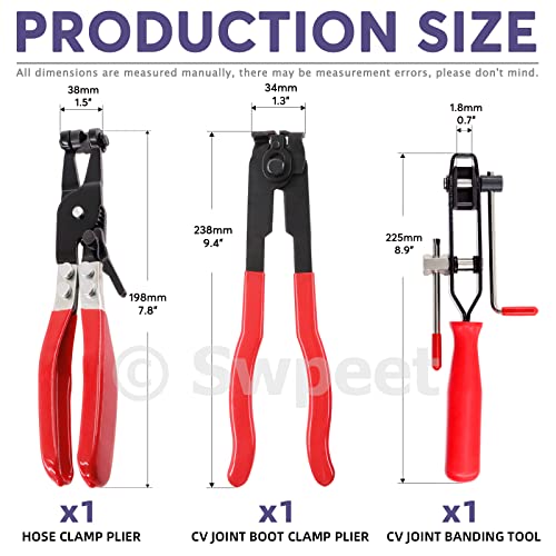 Swpeet 3Pcs Red CV Joint Boot Clamp Pliers and Swivel Flat Band Hose Clamp Pliers Assortment Kit, Ear Boot Tie Car Band Tool Car Water Pipe Locking Automotive Hose - color: Red