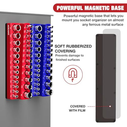 Magnetic Socket Organizer,6-Pack SAE & Metric 1/2,3/8,1/4 Inch Drive Sockets Holder,Holds 141 Standard/Deep Sockets,Blue and Red Magnetic Socket Tray(Sockets Not Included) - size: 1/2",3/8",1/4"SAE&METRIC/6PCS