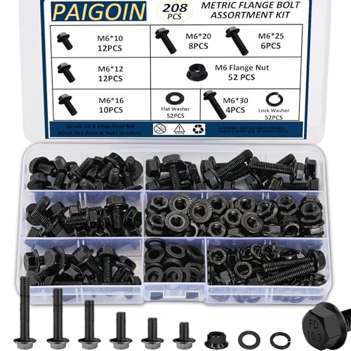 208PCS M6x1.0 Metric Flange Bolt Kit (10mm 12mm 16mm 20mm 25mm 30mm) 10.9 Grade Black Hex Bolts and Nuts Washers Kit - size: Flange Bolts-M6-208PCS