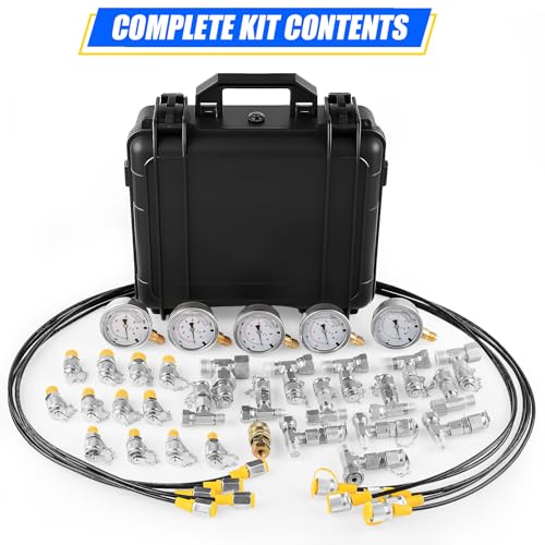 Hydraulic Pressure Test Kit with Storage Case | 5 Gauges 10-600 Bar/150-10000 PSI, 13 Couplings, 14 Connectors, 5 Hoses, Hydraulic Test Kit for Excavator & Construction