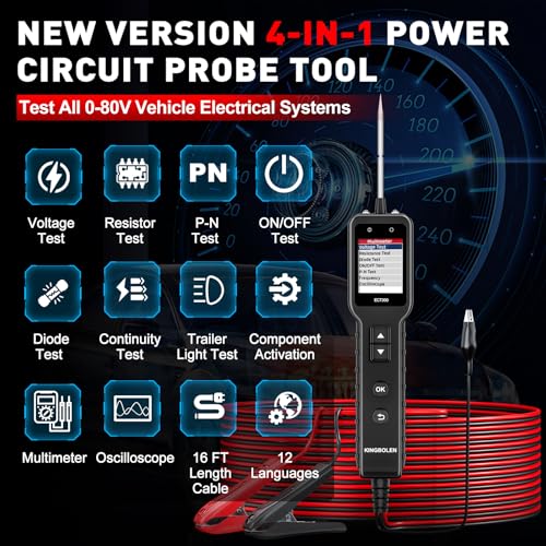 KINGBOLEN ECT300 Automotive Electrical Circuit Tester, 6-32V Car Voltage Test Power Tester,Component Activation, Oscilloscope Display, Measure Voltage Current Resistance Continuity Diode, 16FT Cable | 6-32V Car Voltage Test, Component Activate, Oscillosco