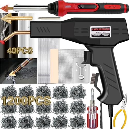 Plastic Welder Kit, 1200PCS Hot Stapler 40PCS Rods, 2 in 1 Welding Gun for Car Bumper Repair | 1200PCS Staples, Stainless Steel Mesh, Aluminum Tape, Sandpaper, Screwdriver, Plier, Stand, for Car Bumper, Dashboard, Kayak - color: Black