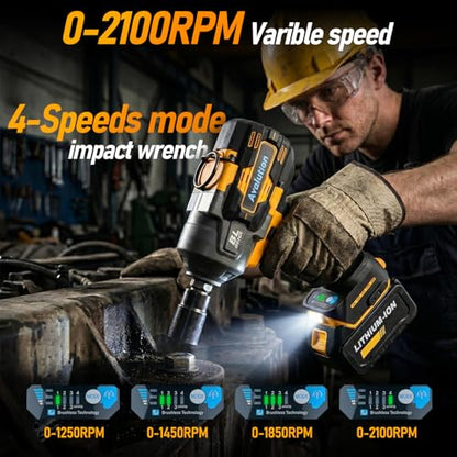 Avalution Cordless Impact Wrench 1/2 Inch, Brushless High Torque Impact Gun, 4-Speed Variable Power Wrench with LED Light for Tire Removal, Auto Repair & DIY Projects, Tool Only