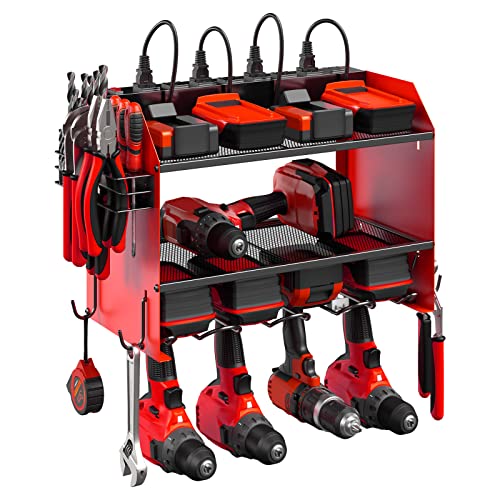 CCCEI Wall Mount Modular Tool Charging Organizer, Red, 1 Pack, 3 Tier. | Drill Battery Storage Rack with Hooks, Garage Workshop, Gifts for Men, Dad, Husband Anniversary, Birthday, Christmas - color: Red