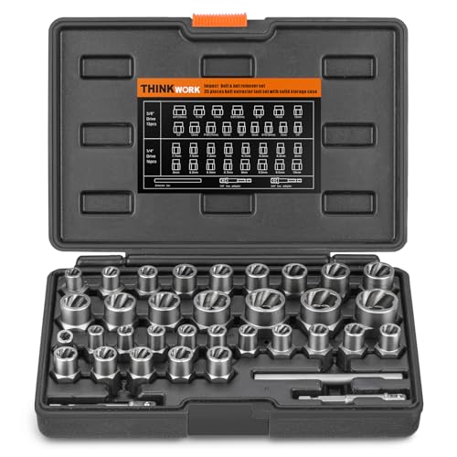 35 Pcs Bolt Extractor Kit, 1/4" & 3/8" Drive Impact Bolt & Nut Remover Set | for Damaged, Rusted, Rounded-Off, Stripped Fasteners, 6-19mm, Cr-Mo Steel, Reverse Spiral Flute, Storage Case - size: 35-Piece