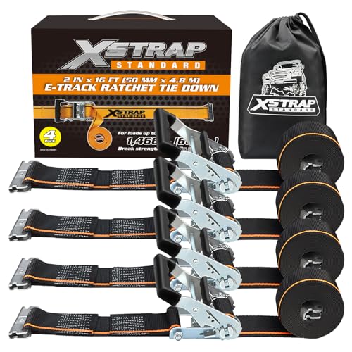 XSTRAP STANDARD 4 Pack E-Track Ratchet Straps 2" x16' Black Tie Down Straps | 4,400 LBS Break Strength Heavy Duty Wheel Tie-Downs for Moving, Truck, Trailers, Motorcycles, Kayaks, Car Roof, Vans - size: Black-4PK-16FT