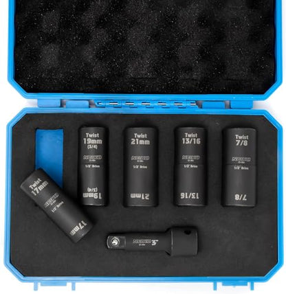 NEIKO 02340A Twist Socket Set, 6 Pc Lug Nut Extractor, SAE & Metric, 1/2 Inch Dr. Impact Flip, 6 Point, CR-Mo Steel Wheel, 3" Impact Extension Bar, Black - size: 6 Piece, Twist Set, style: Flip Socket