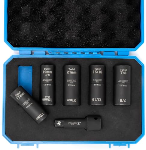 NEIKO 02340A Twist Socket Set, 6 Pc Lug Nut Extractor, SAE & Metric, 1/2 Inch Dr. Impact Flip, 6 Point, CR-Mo Steel Wheel, 3" Impact Extension Bar, Black - size: 6 Piece, Twist Set, style: Flip Socket