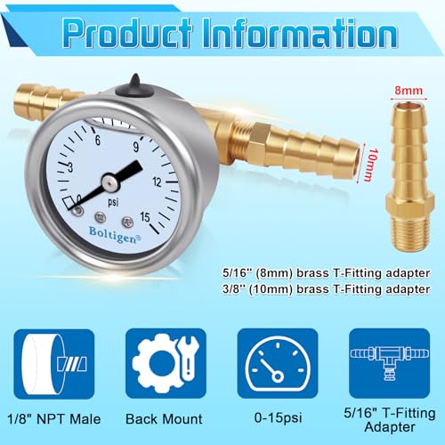 Boltigen Fuel Pressure Gauge, 0-15psi Fuel Pressure Gauge Kit, Glycerin Filled Fuel Pressure Regulator with Gauge for Car, 1/8'' NPT Inline Fuel Pressure Guage with 3/8'' 5/16'' Barb - color: White