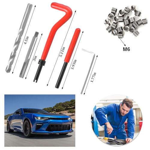30PCS M6 x 1.0mm Car Thread Repair Insert Kit, Stainless Steel Vehicle Metric Helicoil Inserts Set with Hand Tool, Automotive Thread Repairing Tool, Universal for Most Vehicles
