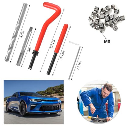 30PCS M6 x 1.0mm Car Thread Repair Insert Kit, Stainless Steel Vehicle Metric Helicoil Inserts Set with Hand Tool, Automotive Thread Repairing Tool, Universal for Most Vehicles