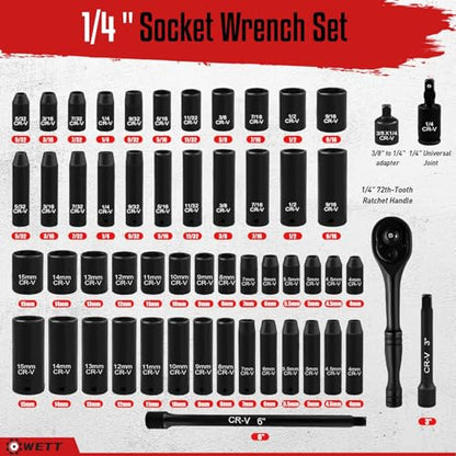WETT 55-Piece 1/4" Drive Impact Socket Set, SAE/Metric, Deep/Shallow, Cr-V Steel, 6 Point, (5/32"-9/16", 4-15mm) Sockets with Ratchet Handle, Extension bar, Adapter and Universal Joint - size: Upgraded 1/4" Drive Socket Set (55pcs)