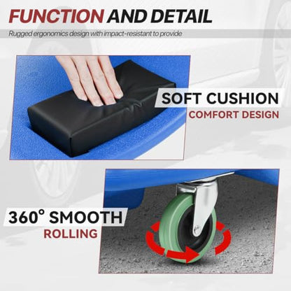 Mechanic Creeper 47 Inch, Low Profile Under Car Rolling Creeper with Padded Headrest and Tool Trays, 300 LBS Capacity, Ergonomic Body Design, Blue