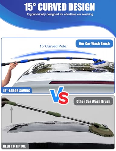 15°Curved Car Wash Brush with Long Handle Kit, 55-Inch 4-Section Extendable Pole with Replacement Head, Chenille Mitt, Tire & Wheel Hub Brushes, Towel, Storage Bag for Car, RV, Truck [Scratch Free]