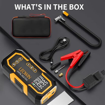 LEOWIN Jump Starter with Air Compressor Portable, Yellow | 4500A 12V Car Battery Jumper Starter (9.0 Gas/6.5L Diesel) with 150PSI Tire Inflator, with Smart Jumper Cables, LED Light - color: Yellow