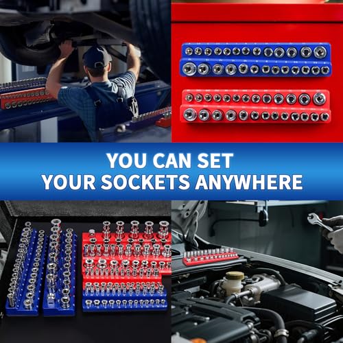 Magnetic Socket Organizer Set, 8PCS Socket Holder with 6 Socket Trays & 2 Wrench Racks, Metric & SAE Tool Box Organizer 1/4", 3/8", 1/2" for Garage, Toolbox, Workbench(Socket, Wrench not Included)