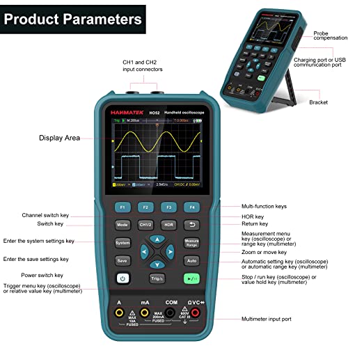 HANMATEK Handheld Digital Oscilloscope 50Mhz Bandwidth with 2 Channels HO52 3.5" TFT Mini Oscilloscope, 2 in 1 Oscilloscope and Multimeter, Backlit Screen, Auto-Calibration Function, Memory Function - style: 50 Mhz