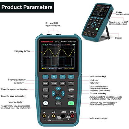 HANMATEK Handheld Digital Oscilloscope 50Mhz Bandwidth with 2 Channels HO52 3.5" TFT Mini Oscilloscope, 2 in 1 Oscilloscope and Multimeter, Backlit Screen, Auto-Calibration Function, Memory Function - style: 50 Mhz