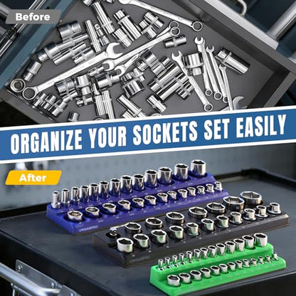 Magnetic Socket Organizer, 143-Socket Holder Tray Set| Strong Base | 3-Color Coded Tool Box Drawer Storage for 1/4", 3/8", 1/2" Drive (Metric/SAE), Non-Scratch Rubber Coated(Socket not Include)