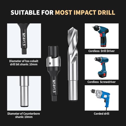 M14X1.5 Thread Repair Kit with Insert HSS Drill, Tap, Counterbore, Installation Driver, Tap Guides, Metric, 10PCS Stainless Steel Insert M14X1.5X17.8MM