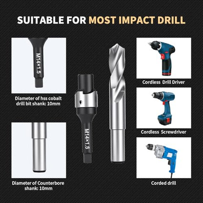 M14X1.5 Thread Repair Kit with Insert HSS Drill, Tap, Counterbore, Installation Driver, Tap Guides, Metric, 10PCS Stainless Steel Insert M14X1.5X17.8MM