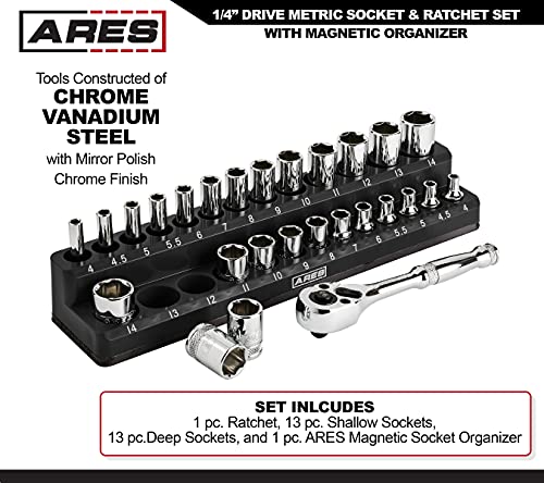 ARES 47003 28-Piece 1/4-inch Drive Metric Socket and 90-Tooth Ratchet Set | Sizes 4mm to 14mm Deep and Shallow Sockets
